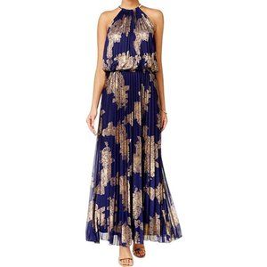 MSK Gold Blue metallic pleated dress
